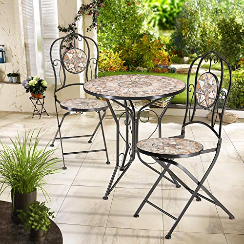 Conjunto de Mesa y 2 Sillas Plegables de metal y mosaico Color Arena Juego de Bistró de cerámica. Vista de conjunto en patio. Deuba