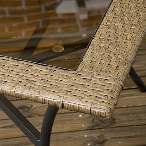 Detalle de la mesa del Conjunto de Muebles de Jardín de Ratán 7 Piezas de Comedor para Exterior con 6 Sillas + Cojines y Mesa de Vidrio Templado Marrón. Outsunny
