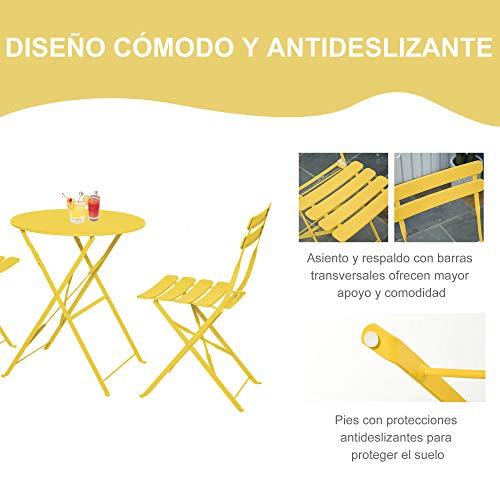 Detalle del respaldo de conjunto de Muebles Plegables de Jardín de 3 Piezas Mesa y 2 Sillas de Metal para Balcón Terraza Exteriores Ø60x71 cm Amarillo. Diseño cómodo y antideslizante. Outsunny