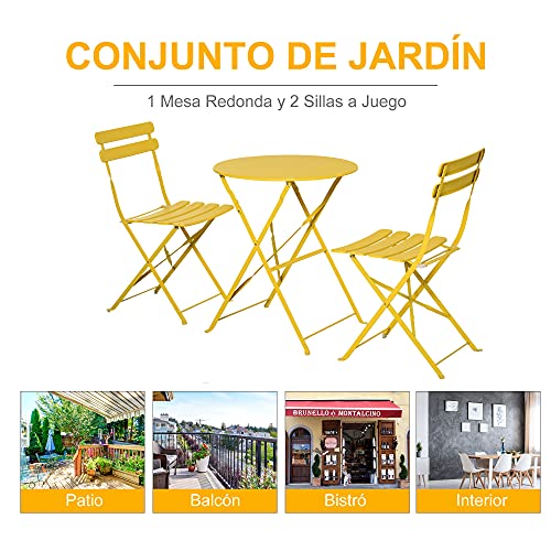 Diversos usos del conjunto de Muebles Plegables de Jardín de 3 Piezas Mesa y 2 Sillas de Metal para Balcón Terraza Exteriores Ø60x71 cm Amarillo. Outsunny