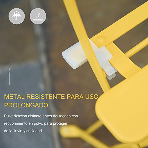 Detalle de la silla de conjunto de Muebles Plegables de Jardín de 3 Piezas Mesa y 2 Sillas de Metal para Balcón Terraza Exteriores Ø60x71 cm Amarillo. Outsunny