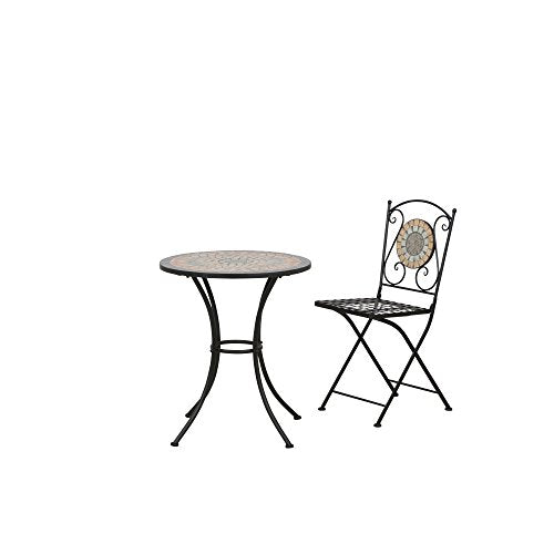 Vista de conjunto de silla y Mesa decorativa para jardín o terraza Garden Siena. romantica estructura hierro mesa mosaico multicolor