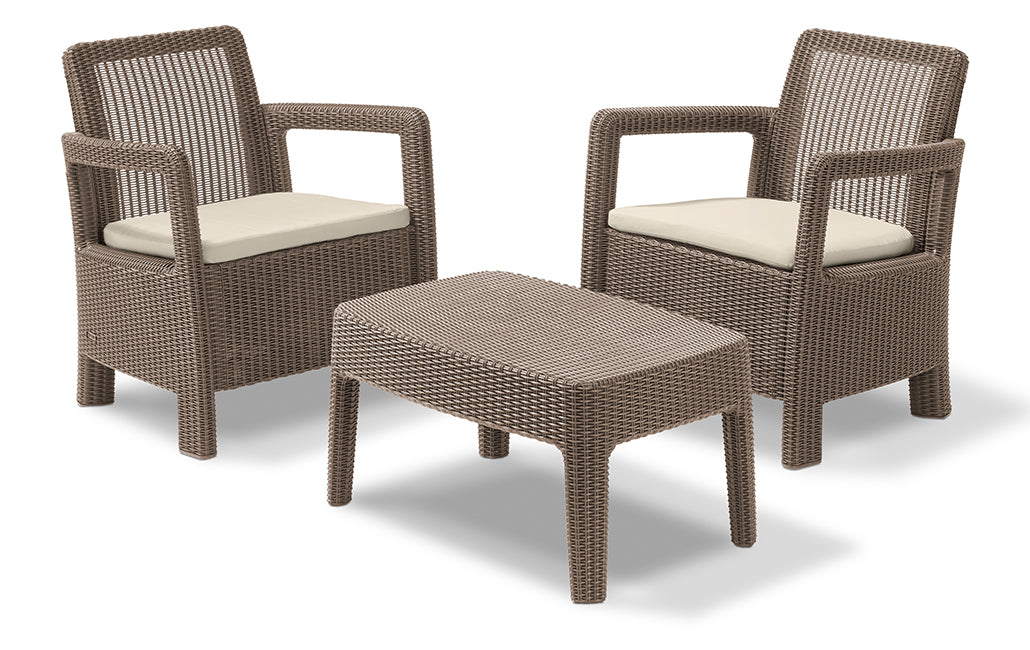 Vista de conjunto muebles de terraza o balcón Tarifa con cojines incluidos, Color marrón. Balcony Keter