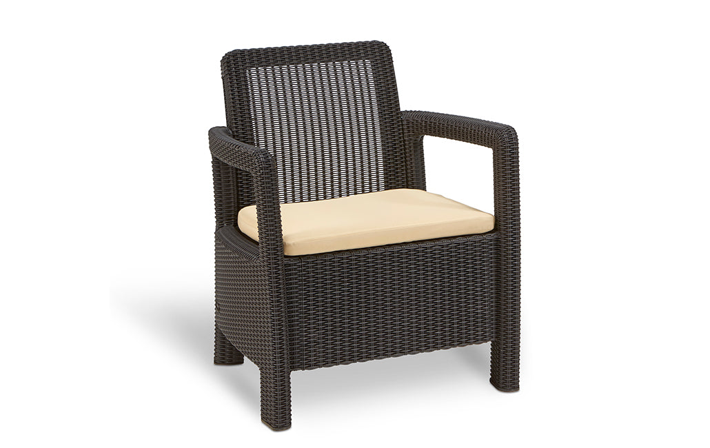 Conjunto muebles de terraza o balcón Tarifa con cojines incluidos, Color marrón. Vista de sillón. Balcony Keter