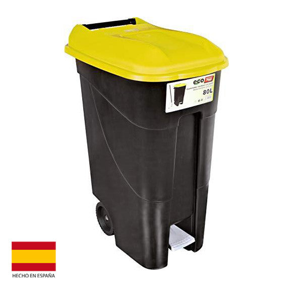 Cubo Basura de 80 litros con Ruedas y Pedal con Tapa Amarilla hecho en España. 259297. Tayg