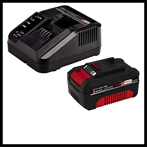 Cortacésped inalámbrico, batería GE-CM 18/33 Li familia Power X-Change (33cm anchura de corte). 3413260. Einhell. Detalle cargador y batería