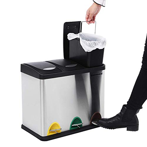 Extracción de cubo 1 interior de Cubo de Separación de Basura con Pedal 3 en 1 de 24 Litros para la Cocina, Duradero, Fácil de limpiar, Acero, Color Plata de SONGMICS