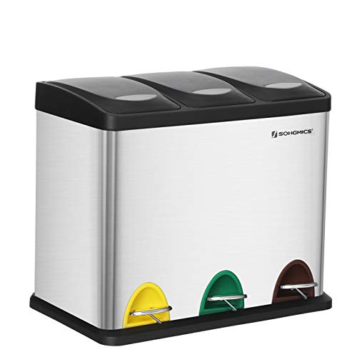 Vista general de Cubo de Separación de Basura con Pedal 3 en 1 de 24 Litros para la Cocina, Duradero, Fácil de limpiar, Acero, Color Plata de SONGMICS