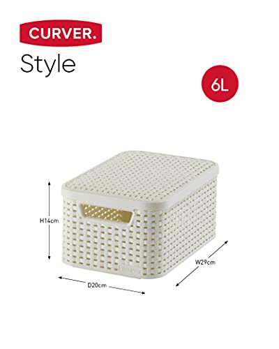 Cesta con Tapa con Efecto Mimbre de tamaño pequeño fabricado con Polipropileno Color Blanco. 20 x 29 x 14 cm. Medidas. 205840 - CURVER