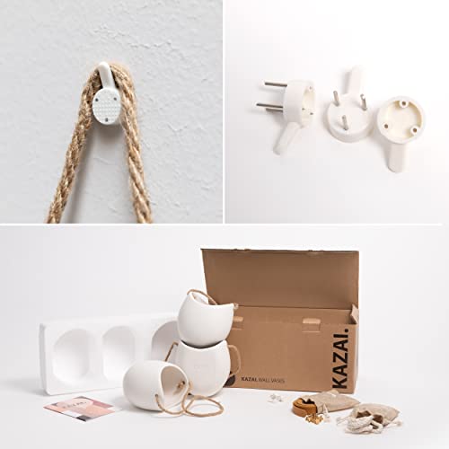 Detalles de macetas Kazai: colgadores, cuerdas y pack completo con embalaje sobre fondo blanco