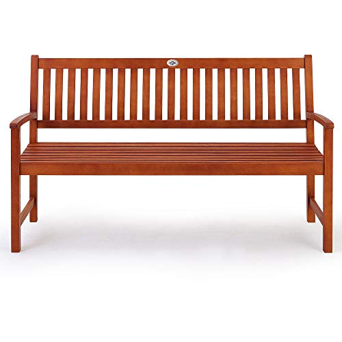 Vista frontal del Banco de jardín de madera de Eucalipto certificado FSC. 3 plazas 152 x 55 x 90 cm Interior Exterior Jardín Terraza. Casaria | maxjardin