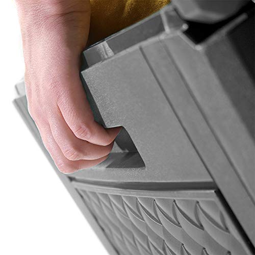 Baúl de almacenaje de Polipropileno Gris de 310 litros de jardín. Detalle de asa. Casaria