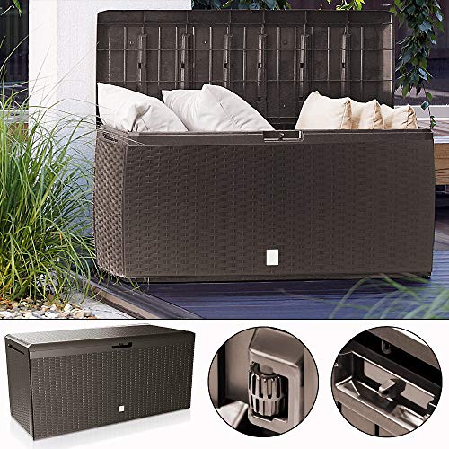 Arcónde Almacenaje de 290 litros Ratán marrón para Exterior e Interior para cojínes. Vista en ambiente y características.. Deuba