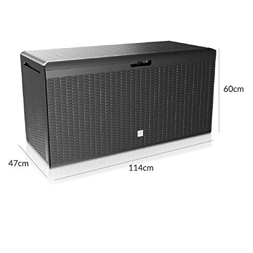 Medidas del Arcón de Almacenaje decorado en Ratán color Antracita para Exterior e Interior para guardar las cosas del jardín. Casaria
