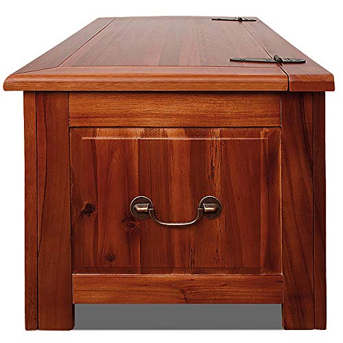 Baúl de interior de Madera de Acacia rústico con asa de Metal y apertura de pistón de Gas. Vista de perfil. Deuba