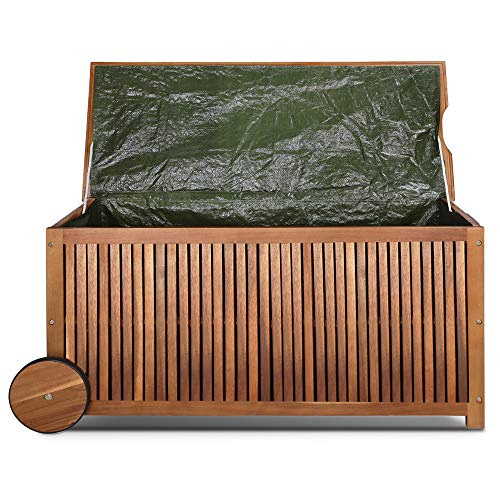 Tapa abierta de Baúl de Madera con Funda Interior de protección y Ruedas de Goma para almacenaje en jardín o terraza - Casaria | maxjardin