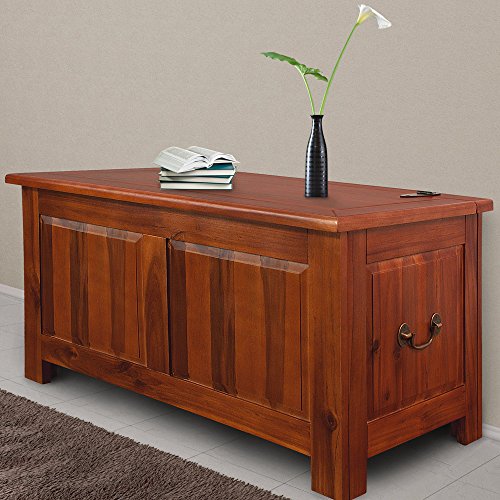 Baúl de interior de Madera de Acacia rústico con asa de Metal y apertura de pistón de Gas. Vista general en ambiente. Deuba