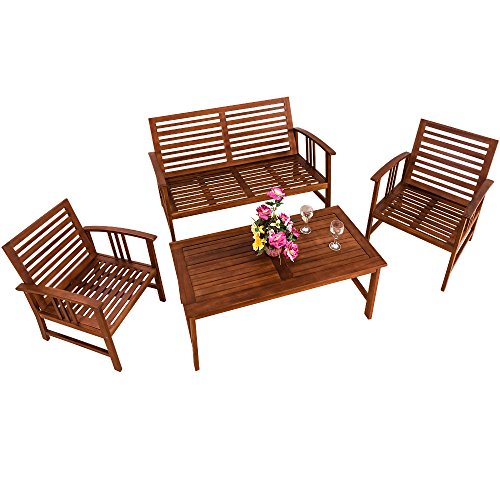 Conjunto de jardín Lounge Atlas de Madera de Acacia Set de 1 Mesa 2 Sillas y un Sillón 4 Personas. Vista sin cojines. Deuba