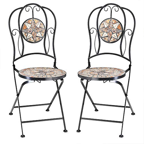Conjunto de Mesa y 2 Sillas Plegables de metal y mosaico Color Arena Juego de Bistró de cerámica. Vista de sillas. Deuba