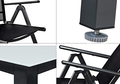 Conjunto de 1 Mesa y 4 sillas de Aluminio de jardín o terraza. Respaldo reclinable color Antracita. Detalles. Bern. Casaria