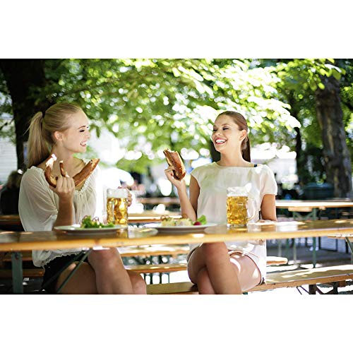 Fiesta cervecera en exterior con Mesa cervecera con Agujero para sombrilla y 2 Bancos. Set de 1 Mesa y 2 Bancos de Madera Pino Plegables Eventos jardín. Casaria | maxjardin