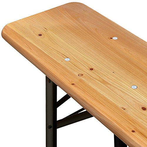 Detalle de asiento de banco corrido de la Mesa cervecera con Agujero para sombrilla y 2 Bancos. Set de 1 Mesa y 2 Bancos de Madera Pino Plegables Eventos jardín. Casaria | maxjardin