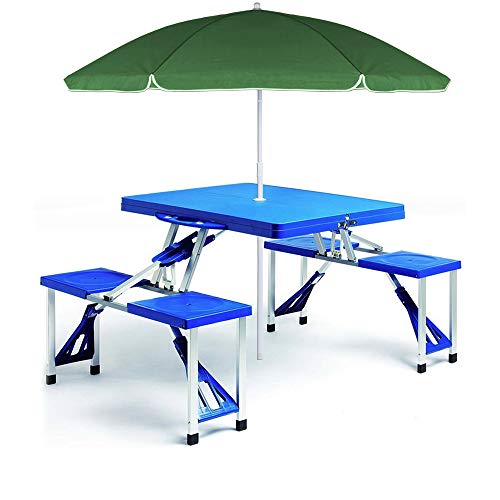 Vista con sombrilla montada en Mesa con 4 sillas Plegable y portátil para Camping con hueco para sombrilla Azul. 137x85x65cm. Deuba