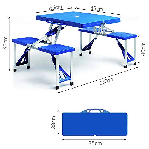 Medidas plegado en maleta y desplegado de Mesa Plegable de Camping con 4 sillas portátil Espacio para sombrilla Azul pícnic Camping Exterior 137x85x65cm. Deuba | maxjardin