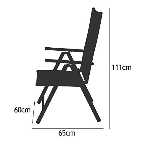 Medidas de la silla del Set de 2 sillas plegables con respaldo alto y ajustable de aluminio resistente a la intemperie exterior. Casaria