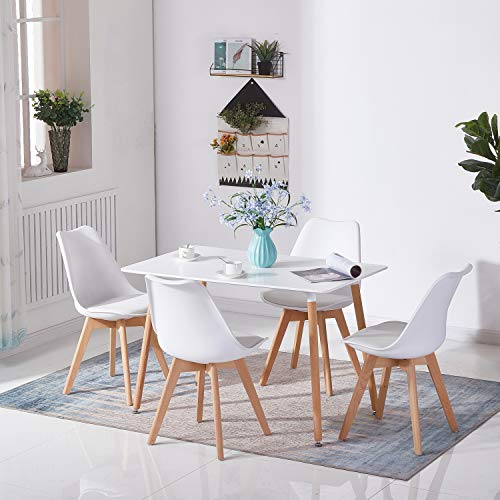 Ambiente con sillas y Mesa de Comedor Rectangular, Estilo Escandinavo y Patas de Madera de Haya, tablero Blanco para Cocina 110x70x73 cm. DORAFAIR