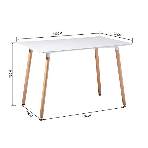 Medidas de la Mesa de Comedor Rectangular, Estilo Escandinavo y Patas de Madera de Haya, tablero Blanco para Cocina 110x70x73 cm. DORAFAIR