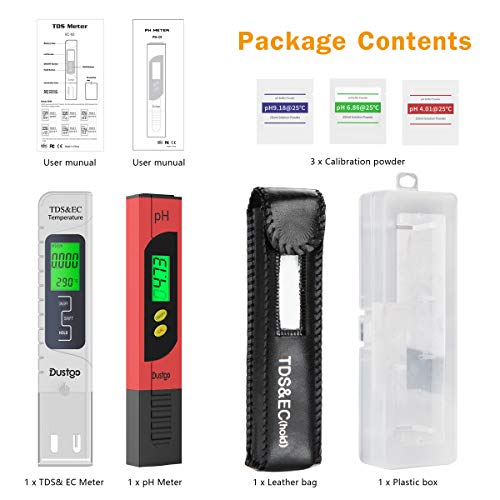 Contenido del pack de Medidor PH y TDS EC Temperatura 2 en 1 Digital, Calibración Automática. Medidor de Prueba de Calidad del Agua 0-14 pH Medida de 0-14 pH, 0-19990ppm Dustgo