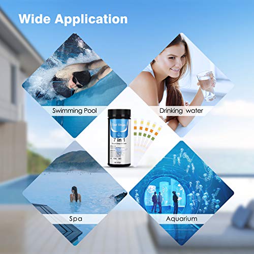 Usos de las Tiras de Prueba de Piscina- Medidor ph 7 en 1 con 100 PCS para Pruebas cualitativas y Semi-cualitativas de la Calidad del Agua, como PH,Cloro Residual para Piscinas, spas, estanques. Dustgo