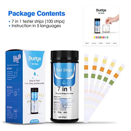 Contenido del pack de Tiras de Prueba de Piscina- Medidor ph 7 en 1 con 100 PCS para Pruebas cualitativas y Semi-cualitativas de la Calidad del Agua, como PH,Cloro Residual para Piscinas, spas, estanques. Dustgo