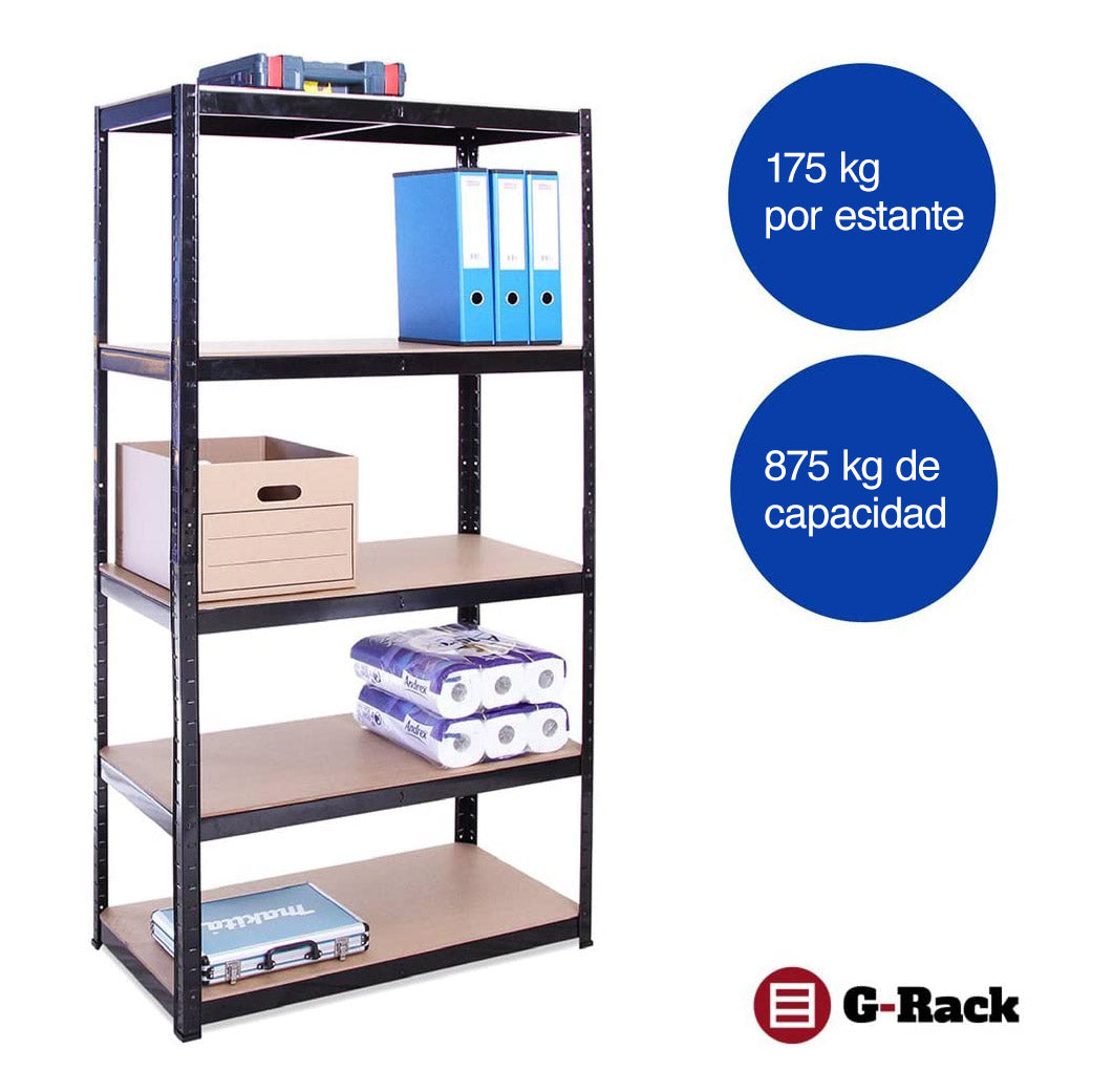 Resistencia hasta 175 kg por balda de las Estanterías para garage o sótano de Acero Inoxidable con Recubrimiento de Polvo Negro, con 5 años de garantía G-Rack