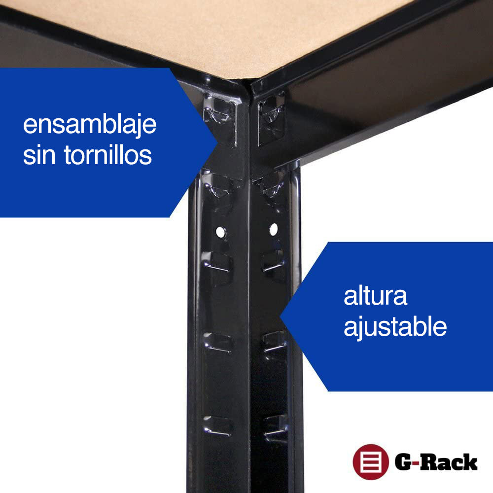Ensamblaje sin tornillos y altura ajustable de Sistema de estanterías para despacho, Acero Inoxidable con Recubrimiento de Polvo Negro, 1 Bay. 0014. G-Rack