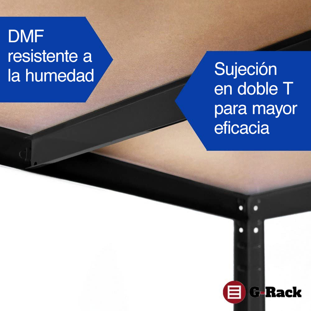 DMF resistente a la humedad y sujeción con doble T para mayor eficacia de Estanterías para garage o sótano de Acero Inoxidable con Recubrimiento de Polvo Negro, con 5 años de garantía G-Rack