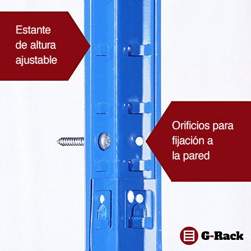 Estantería de Almacenamiento para Garaje, Acero Inoxidable con Recubrimiento de Polvo Azul, 180cm x 90cm x 40cm. G-Rack 0022. Estante ajustable en altura y orificios para sujeción a pared