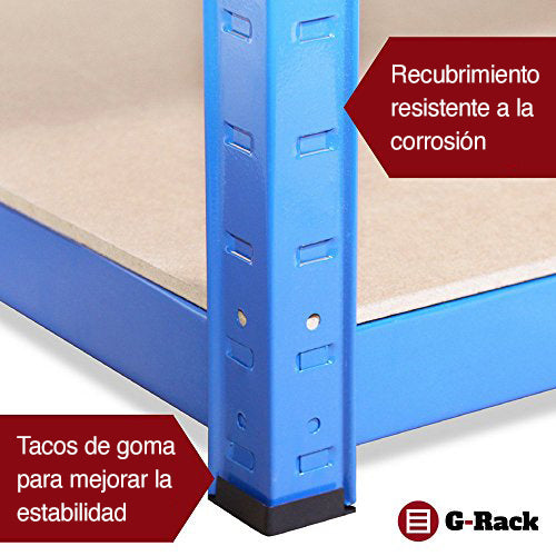 Estantería de Almacenamiento para Garaje, Acero Inoxidable con Recubrimiento de Polvo Azul, 180cm x 90cm x 40cm. G-Rack 0022.. Recubrimiento resistente a la corrosión y tacos de goma para mejorar la estabilidad
