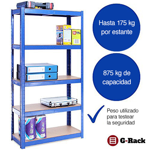 Estantería de Almacenamiento para Garaje, Acero Inoxidable con Recubrimiento de Polvo Azul, 180cm x 90cm x 40cm. G-Rack 0022. Resiste hasta 175 kg por estante.