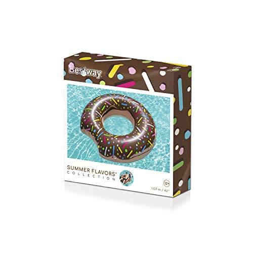Flotador Donut Hinchable de 107 cm en 2 sabores, fresa y chocolate. Detalle de packaging. Bestway 36118 | maxjardin