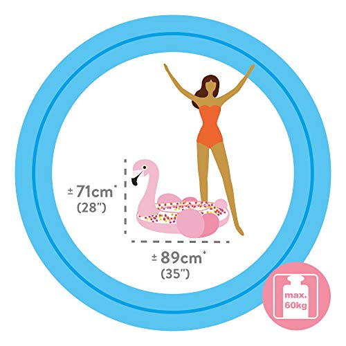 Flotador flamenco rosa con purpurina de fantasía para fiesta infantil en piscina. Medidas. Intex 56251NP