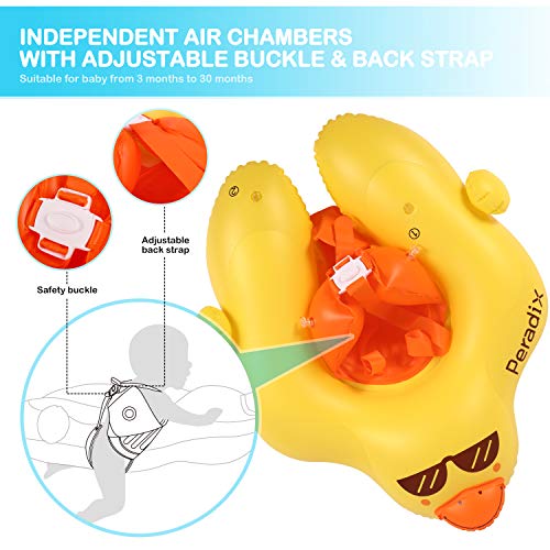 Detalle de doble cámara y cintas de sujeción de Flotador Ajustable para Bebé con Bomba de inflado Manual incluida. Doble cámara. Para Niños de 6 a 30 Meses. Peradix