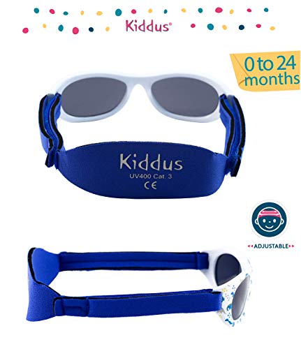 Vista posterior y de perfil de Gafas de sol infantiles de 0 a 2 años, 100% protección UV, MUY CÓMODAS gracias a la SUAVE banda ajustable, diseño Dinosaurios. KiddusGafas de sol infantiles de 0 a 2 años, 100% protección UV, MUY CÓMODAS gracias a la SUAVE banda ajustable, diseño Dinosaurios. Kiddus