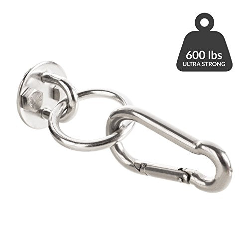 Hasta 272 kilos de aguante del kit de Ganchos para Hamacas Premium de Amerigo – El Mejor Kit para relajarte en tu hogar – Resistentes – Arandelas redondas, Mosquetones y Tornillos hechos en acero inoxidable