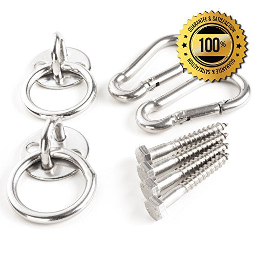 Set de producto del kit de Ganchos para Hamacas Premium de Amerigo – El Mejor Kit para relajarte en tu hogar – Resistentes – Arandelas redondas, Mosquetones y Tornillos hechos en acero inoxidable