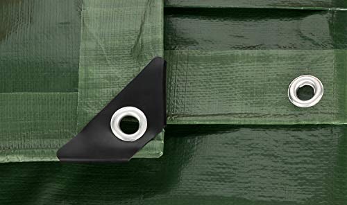 Detalle de ojales y costuras de la Lona de protección Premium verde 3 m x 4 m 200 g/m2 | Funda protectora | Lona impermeable. GardenMate