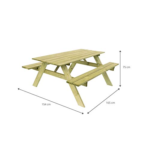 Medidas de la Mesa con bancos corridos de Madera Tratada certificada FSC para 6-8 Personas, 165 x 154 x 75 cm 20/25 mm, Essential. KSU12894. GARDIUN