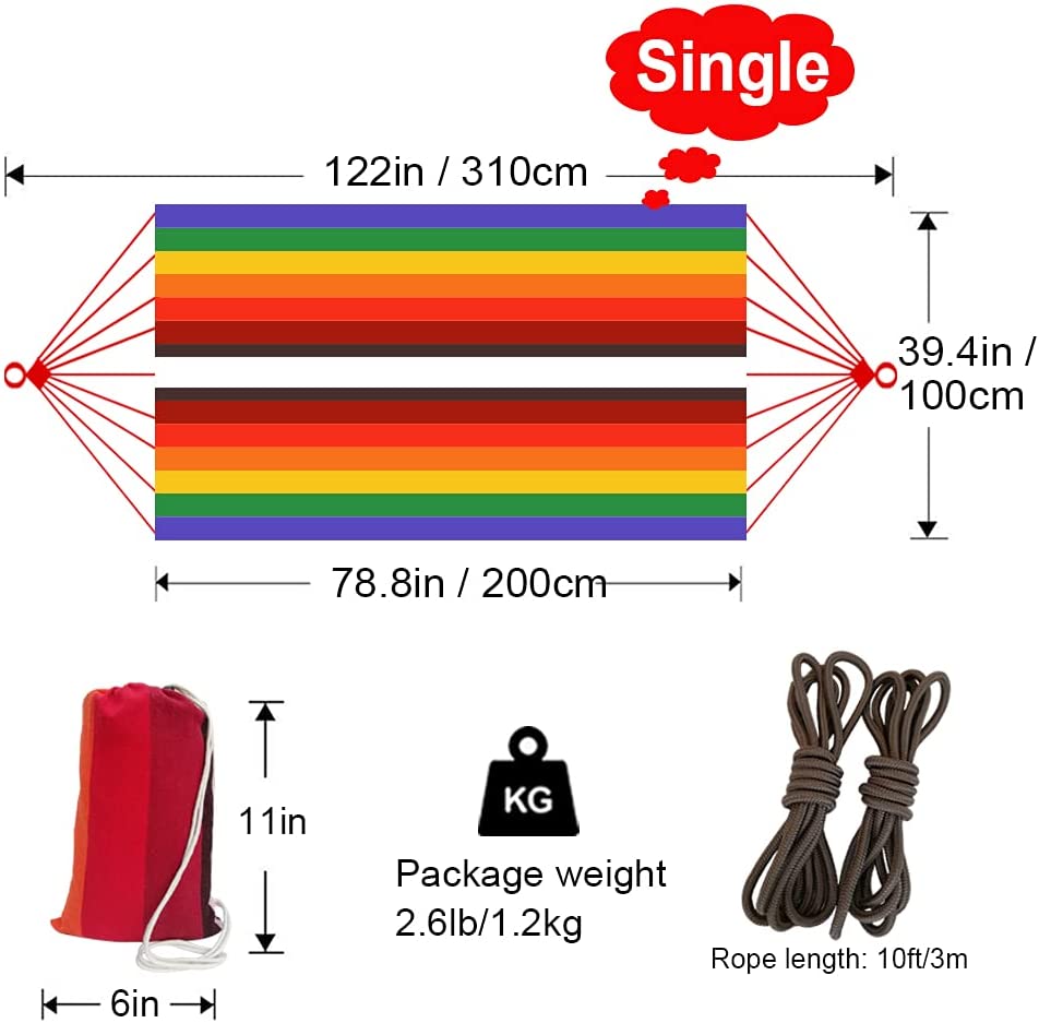 Medidas y set de producto de la Hamaca de Lona de algodón 200x100 cm barata Longitud total 310 cm Carga 250 kg para Exterior e Interior de colores. GOCAN