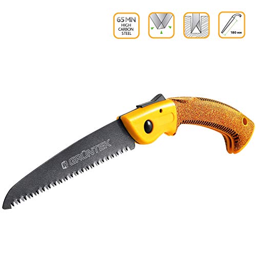 Características del Serrucho de Poda Plegable Dentado Japones 180 mm. Sierra para Madera y Arboles Ligera y Poderosa con Agarre de Corcho Ultra Cómodo.. GRÜNTEK